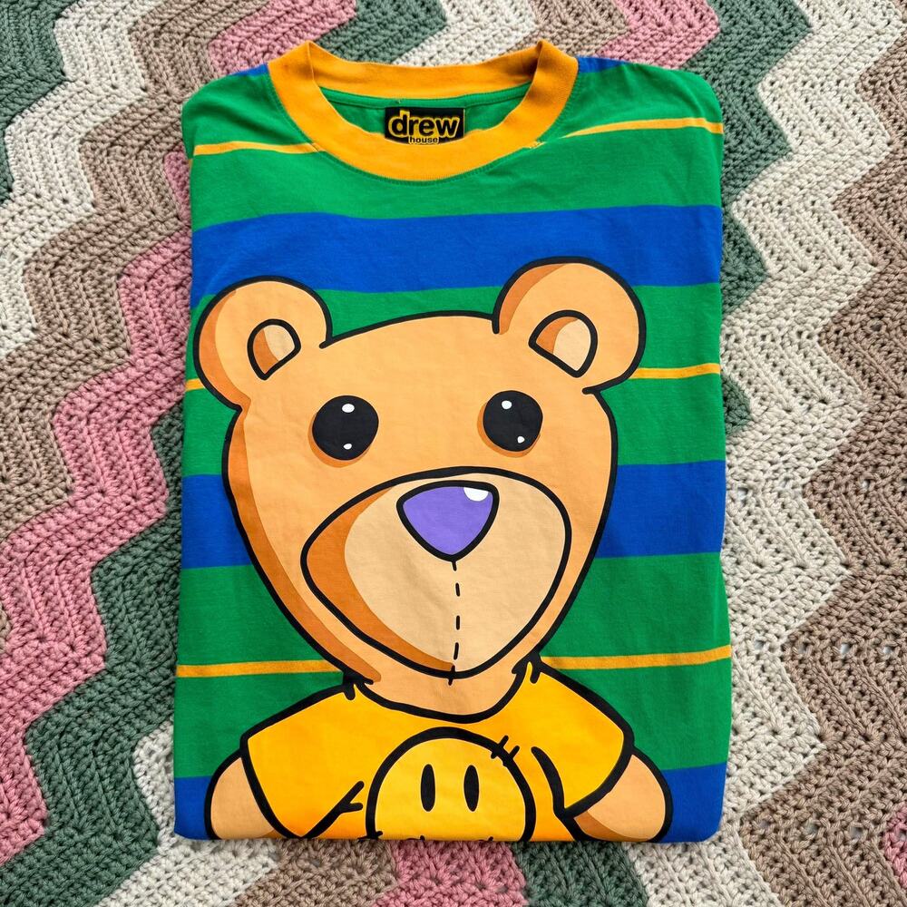 Drew House Theodore Bear Striped Shirt S Justin Bieber Smiley Green Blue Tee